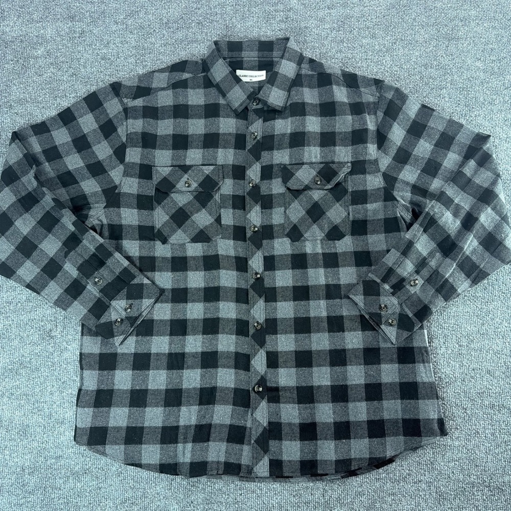 Classic Collection XL Flannel Shirt Grey Black Buffalo Plaid Long Sleeve Fall